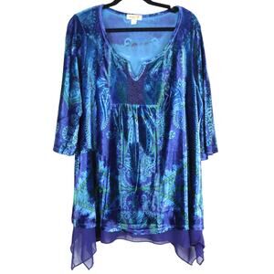 Vintage 90s Y2K Blue Green Velvet Paisley Blouse Tunic Sharktail Boho Plus 2X